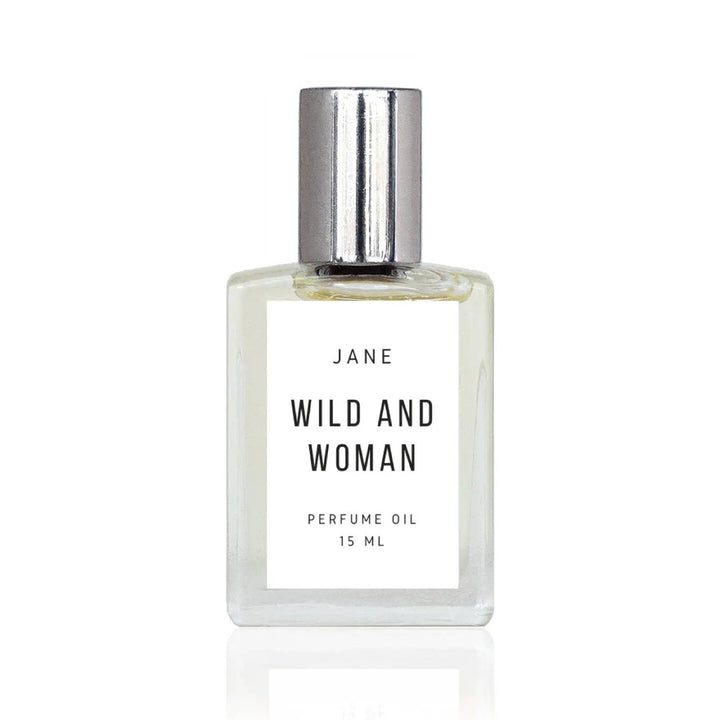 Jane perfume oil in a clear glass rollerball bottle