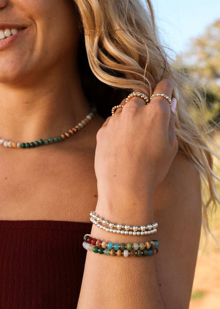 Sedona gemstone necklace with stacked gemstone bracelets