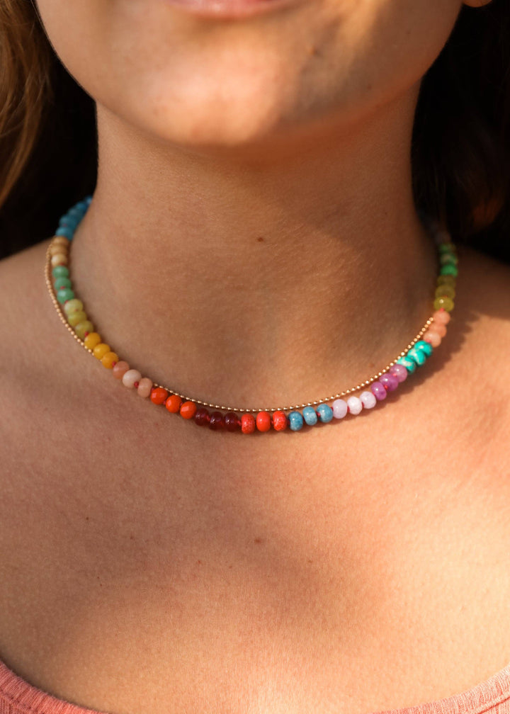 Close up of the Skyline rainbow gemstone necklace