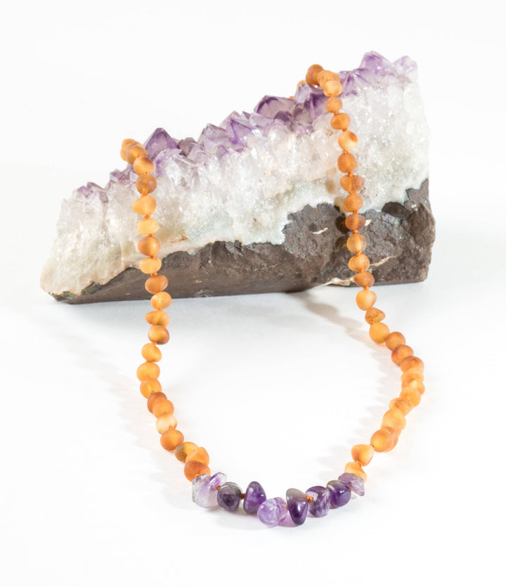 Raw Honey Baltic Amber + Raw Amethyst || Child Necklace