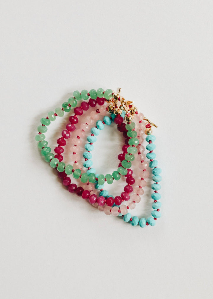 Turquoise, pink and green gemstone necklaces with gold toggle clasps