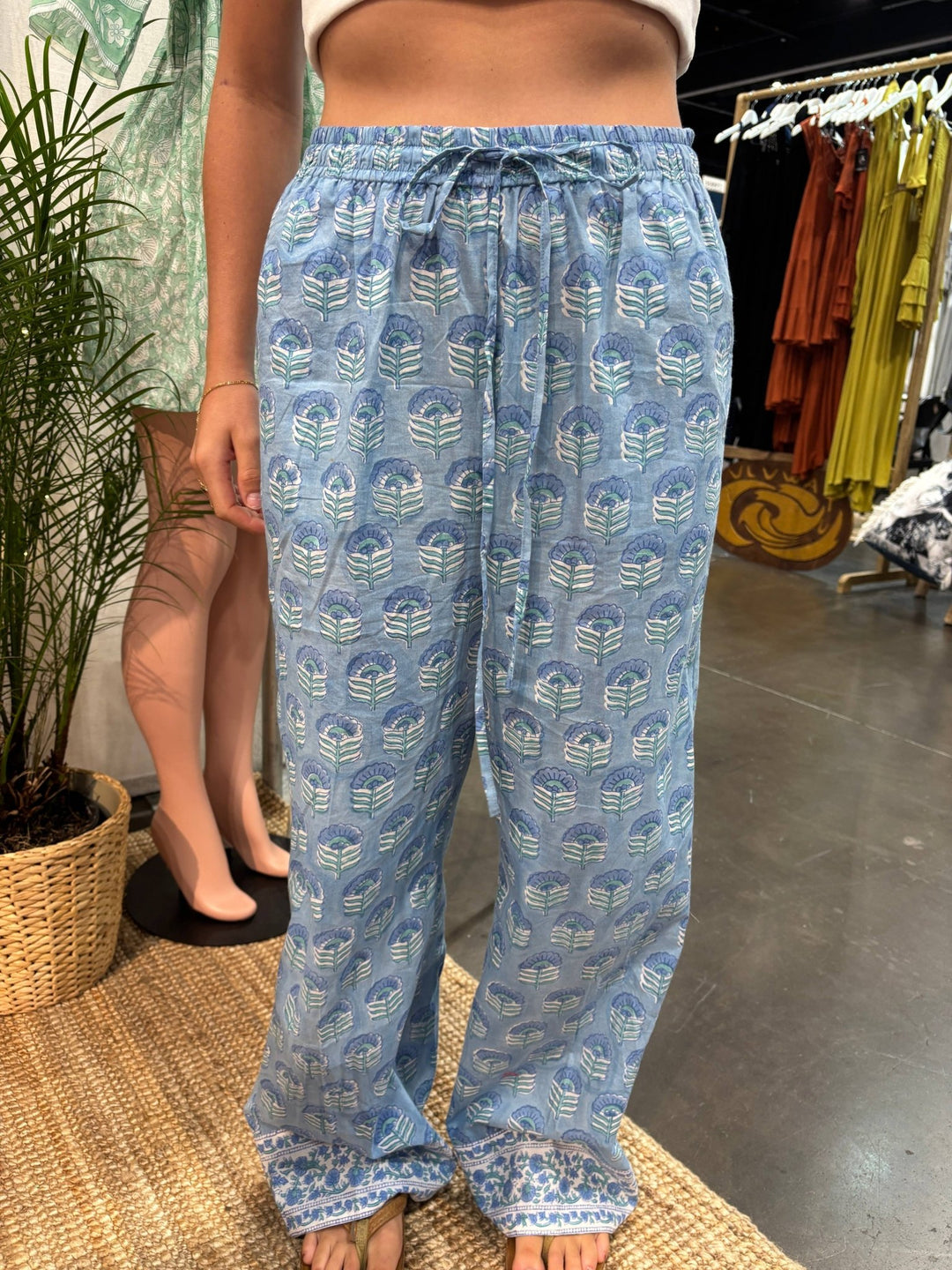 Emma Organic Cotton Hand Block Printed Pant – Sea Mist - Meadow Collectivetrousers