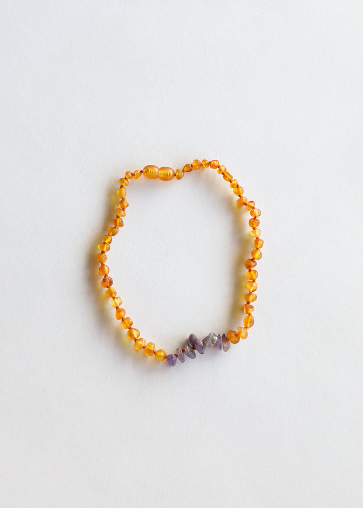 Raw Honey Baltic Amber + Raw Amethyst || Child Necklace