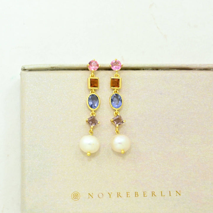 Stella Earring Gold Plated - Pearl, Tanzanite &amp; Tourmaline