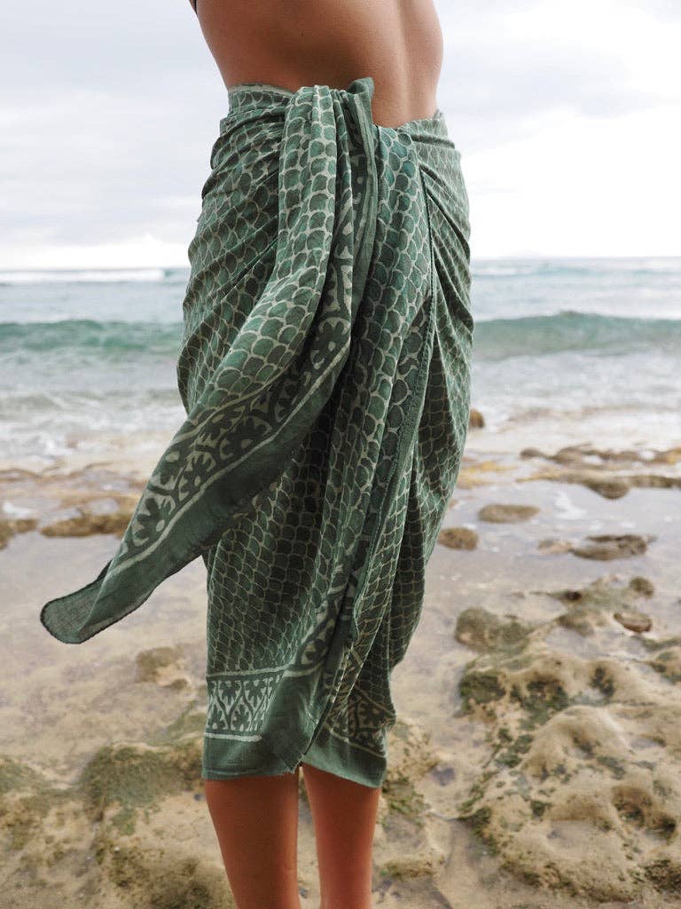 Guava Organic Cotton Sarong - Sage Scales Hand Block Print - Meadow Collectivesarong