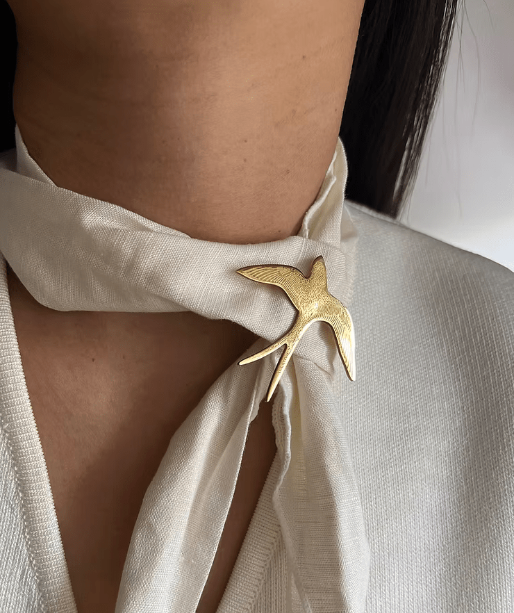 Hand - Carved Filigree Swallow Bird Brooch – Solid Steel Gold Plated Loyalty Pin - Meadow Collectivebrooch
