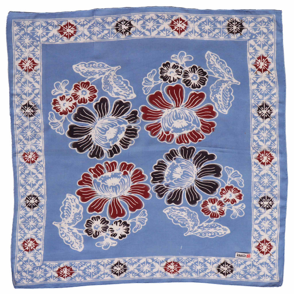 Hand Dyed Batik Bandana, 100% Soft Cotton, BAN0270, Blue, Red, Floral - Meadow Collectivebandana