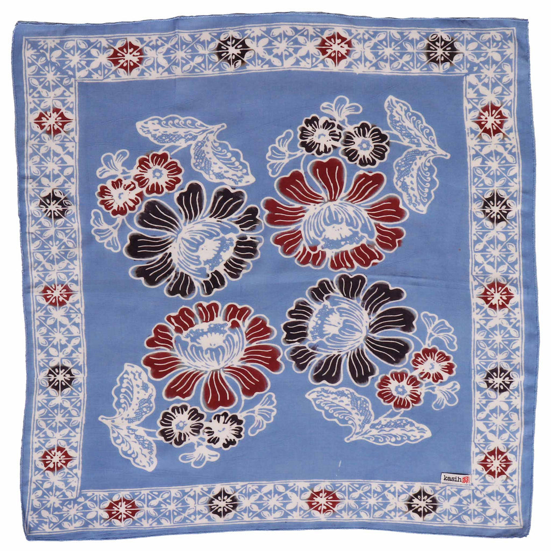 Hand Dyed Batik Bandana, 100% Soft Cotton, BAN0270, Blue, Red, Floral - Meadow Collectivebandana