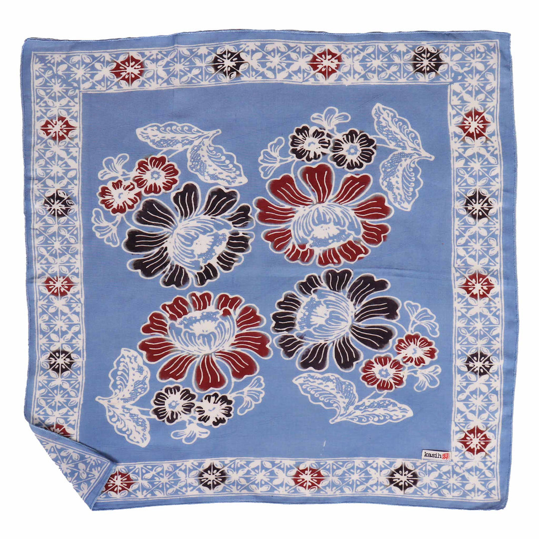Hand Dyed Batik Bandana, 100% Soft Cotton, BAN0270, Blue, Red, Floral - Meadow Collectivebandana