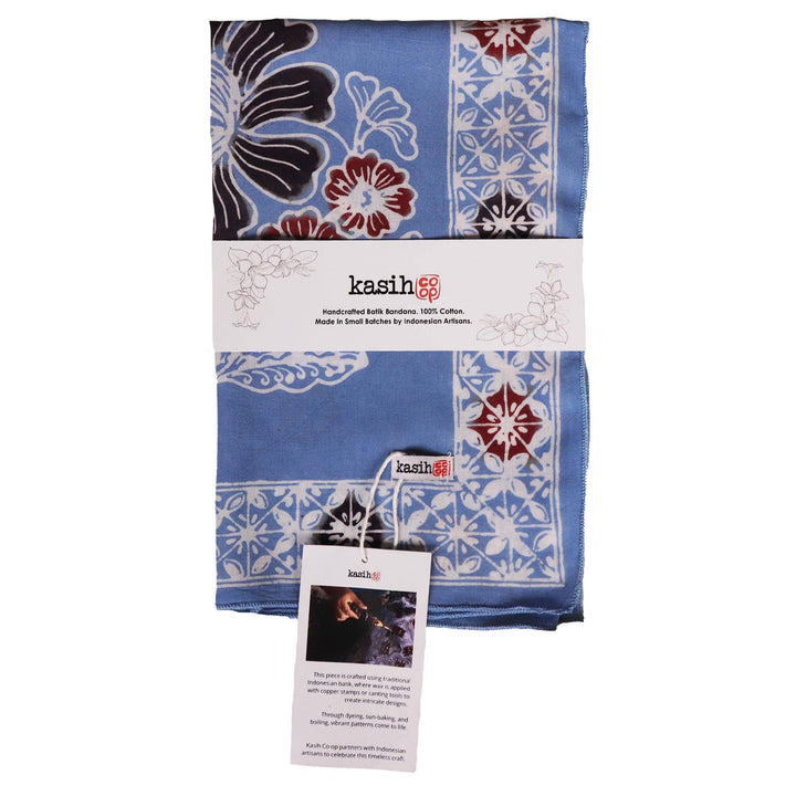 Hand Dyed Batik Bandana, 100% Soft Cotton, BAN0270, Blue, Red, Floral - Meadow Collectivebandana