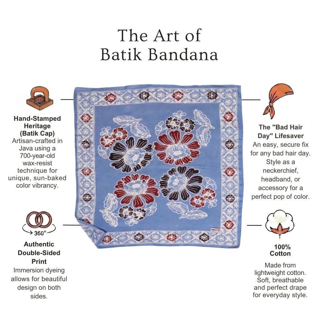 Hand Dyed Batik Bandana, 100% Soft Cotton, BAN0270, Blue, Red, Floral - Meadow Collectivebandana