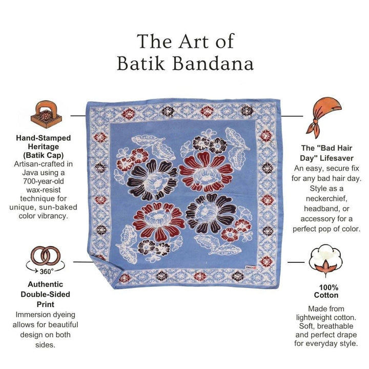 Hand Dyed Batik Bandana, 100% Soft Cotton, BAN0270, Blue, Red, Floral - Meadow Collectivebandana