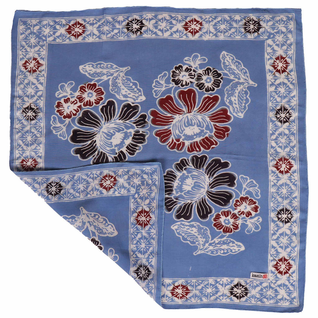 Hand Dyed Batik Bandana, 100% Soft Cotton, BAN0270, Blue, Red, Floral - Meadow Collectivebandana