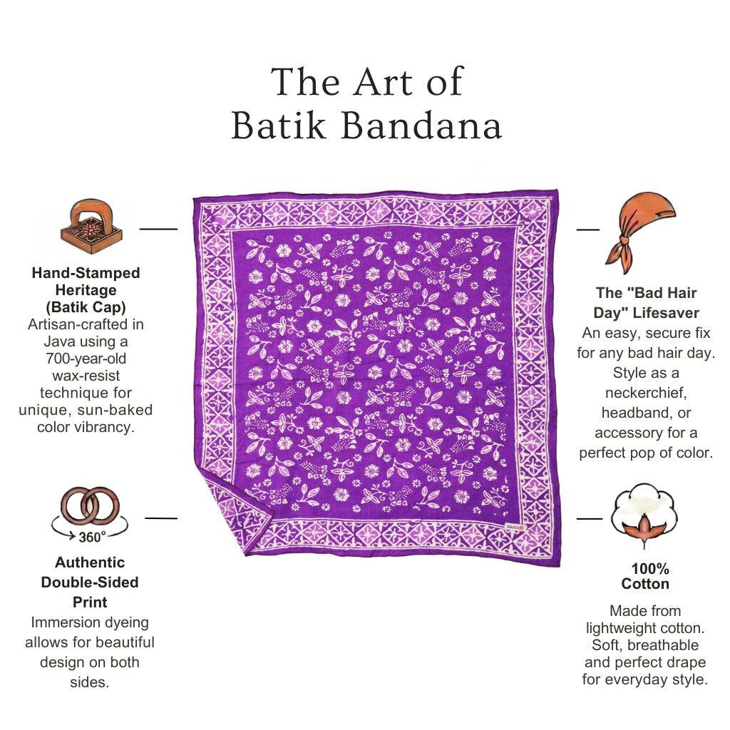 Hand Dyed Batik Bandana, 100% Soft Cotton, Berry Sprig, Purple, Lilac - Meadow Collectivebandana