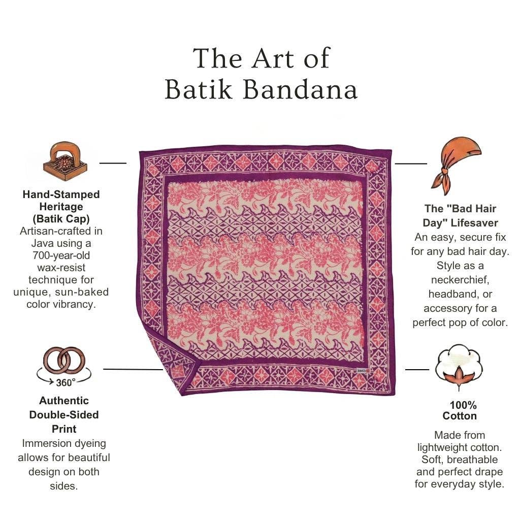 Hand Dyed Batik Bandana, 100% Soft Cotton, Vines in Purple Pink, Magenta, Hot Pink, Mother’s Day Gift - Meadow Collectivebandana