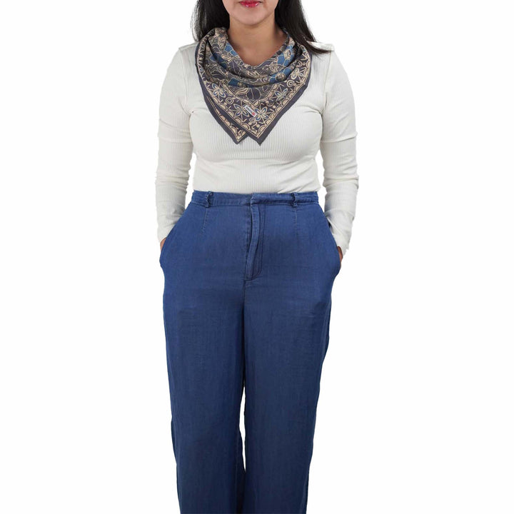 Hand Dyed Batik Bandana Spotted Flower, Grey, Blue, Hair Cover Scarf, Cotton - Meadow Collectivebandana