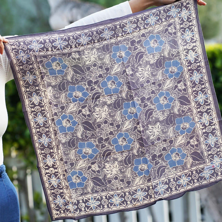 Hand Dyed Batik Bandana Spotted Flower, Grey, Blue, Hair Cover Scarf, Cotton - Meadow Collectivebandana