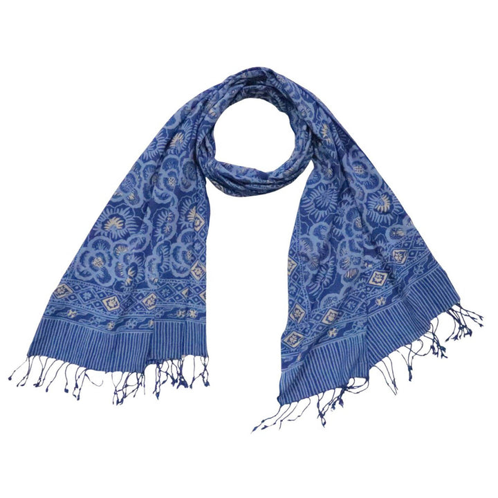 Hand Dyed Batik Scarf - Soft Cotton, Blue Lilac Roses, White, Floral, Flower - Meadow Collectivescarf