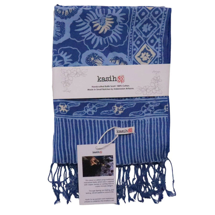 Hand Dyed Batik Scarf - Soft Cotton, Blue Lilac Roses, White, Floral, Flower - Meadow Collectivescarf