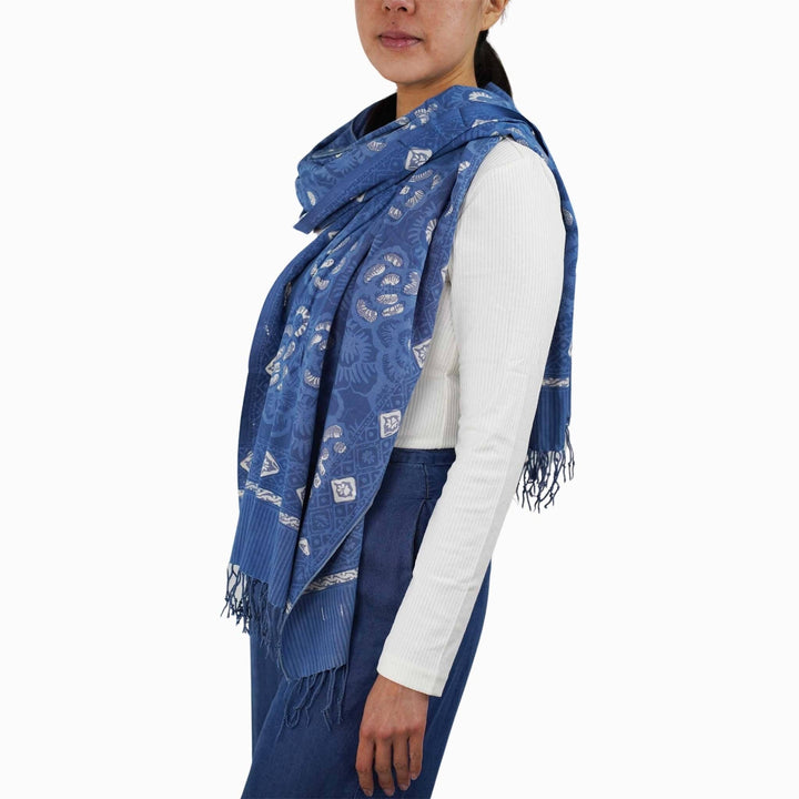 Hand Dyed Batik Scarf - Soft Cotton, Blue Lilac Roses, White, Floral, Flower - Meadow Collectivescarf