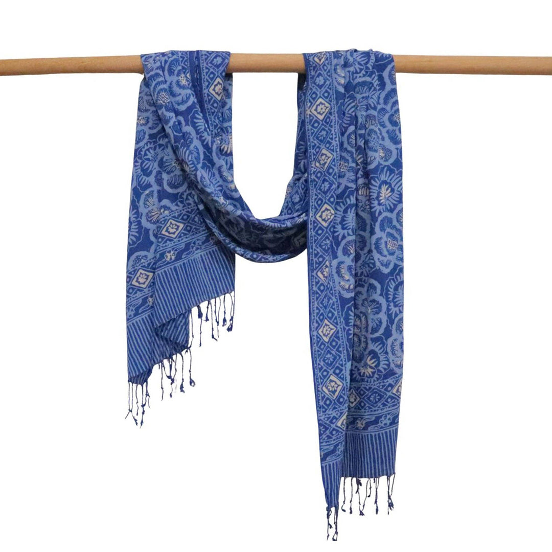 Hand Dyed Batik Scarf - Soft Cotton, Blue Lilac Roses, White, Floral, Flower - Meadow Collectivescarf