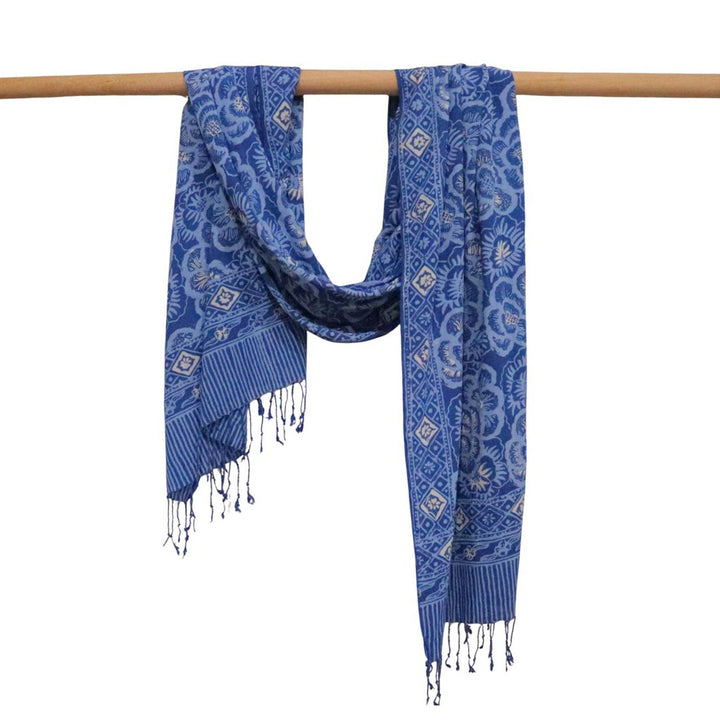 Hand Dyed Batik Scarf - Soft Cotton, Blue Lilac Roses, White, Floral, Flower - Meadow Collectivescarf