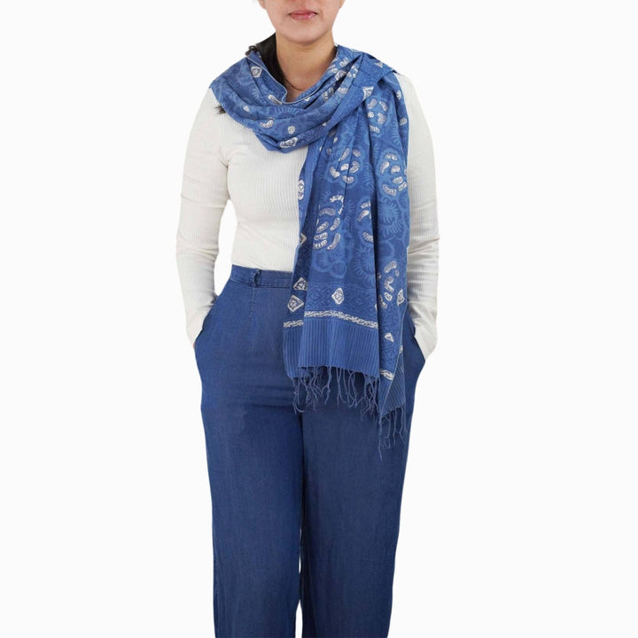 Hand Dyed Batik Scarf - Soft Cotton, Blue Lilac Roses, White, Floral, Flower - Meadow Collectivescarf