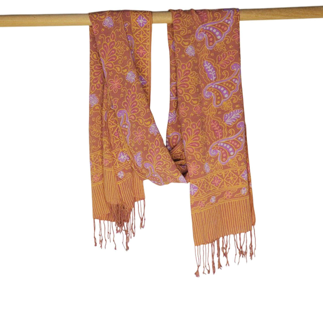 Handmade Batik Scarf, 100% Soft Cotton, Dusky Fern, Pink, Yellow, Peach - Meadow Collectivescarf