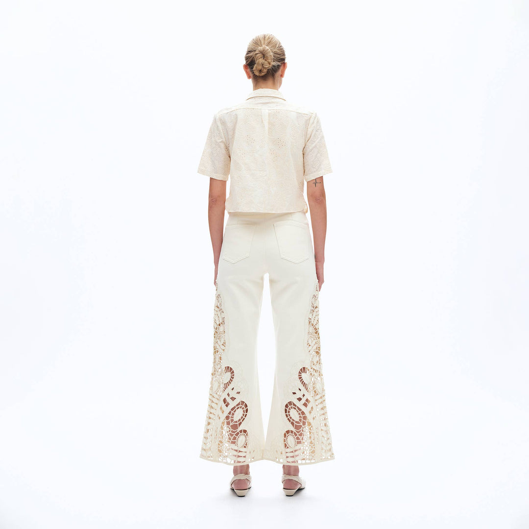 HIGH RISE WIDE LEG TWILL PANTS(EMBROIDERY,RAW HEM) - Meadow CollectivePants