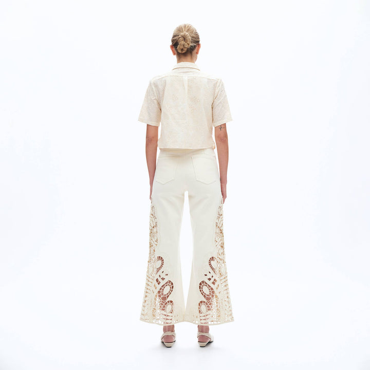 HIGH RISE WIDE LEG TWILL PANTS(EMBROIDERY,RAW HEM) - Meadow CollectivePants