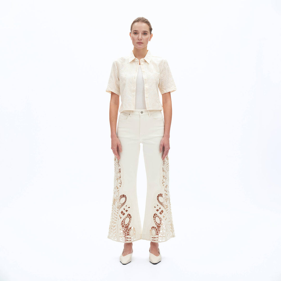 HIGH RISE WIDE LEG TWILL PANTS(EMBROIDERY,RAW HEM) - Meadow CollectivePants