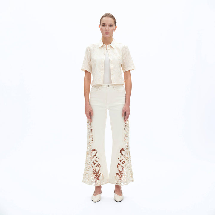 HIGH RISE WIDE LEG TWILL PANTS(EMBROIDERY,RAW HEM) - Meadow CollectivePants