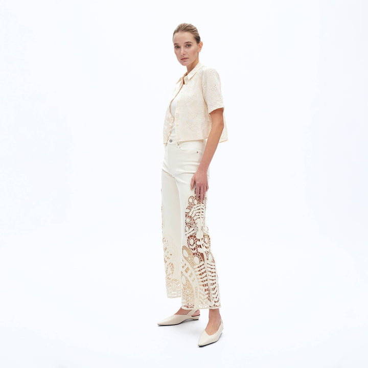 HIGH RISE WIDE LEG TWILL PANTS(EMBROIDERY,RAW HEM) - Meadow CollectivePants