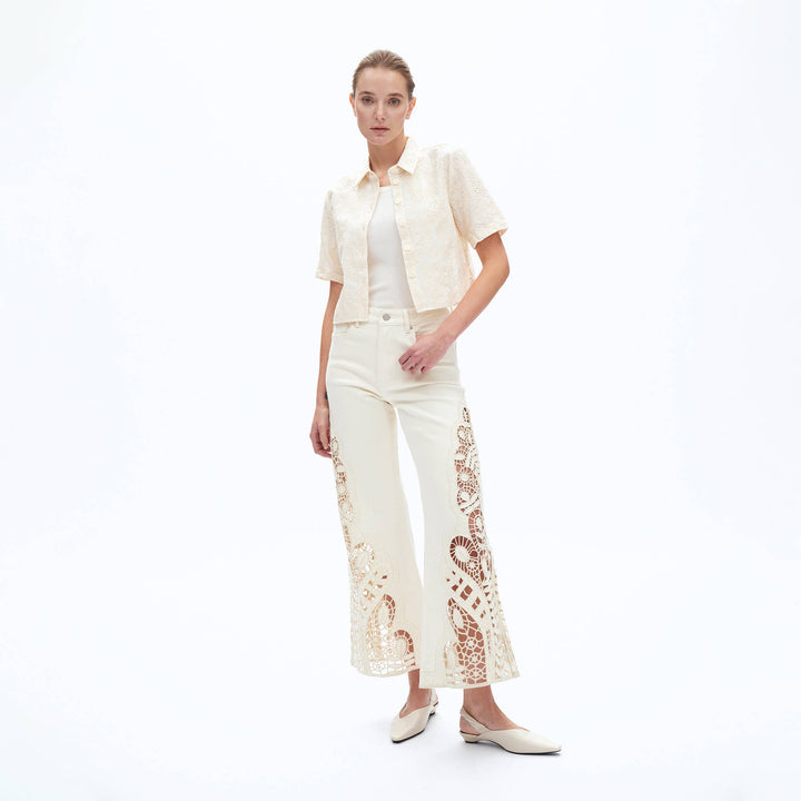 HIGH RISE WIDE LEG TWILL PANTS(EMBROIDERY,RAW HEM) - Meadow CollectivePants