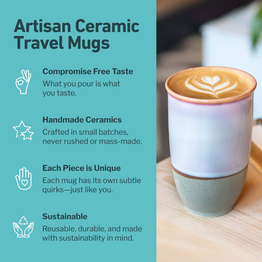 Artisan ceramic travel mug with latte art on a wooden surface, accompanied by text about the product features.