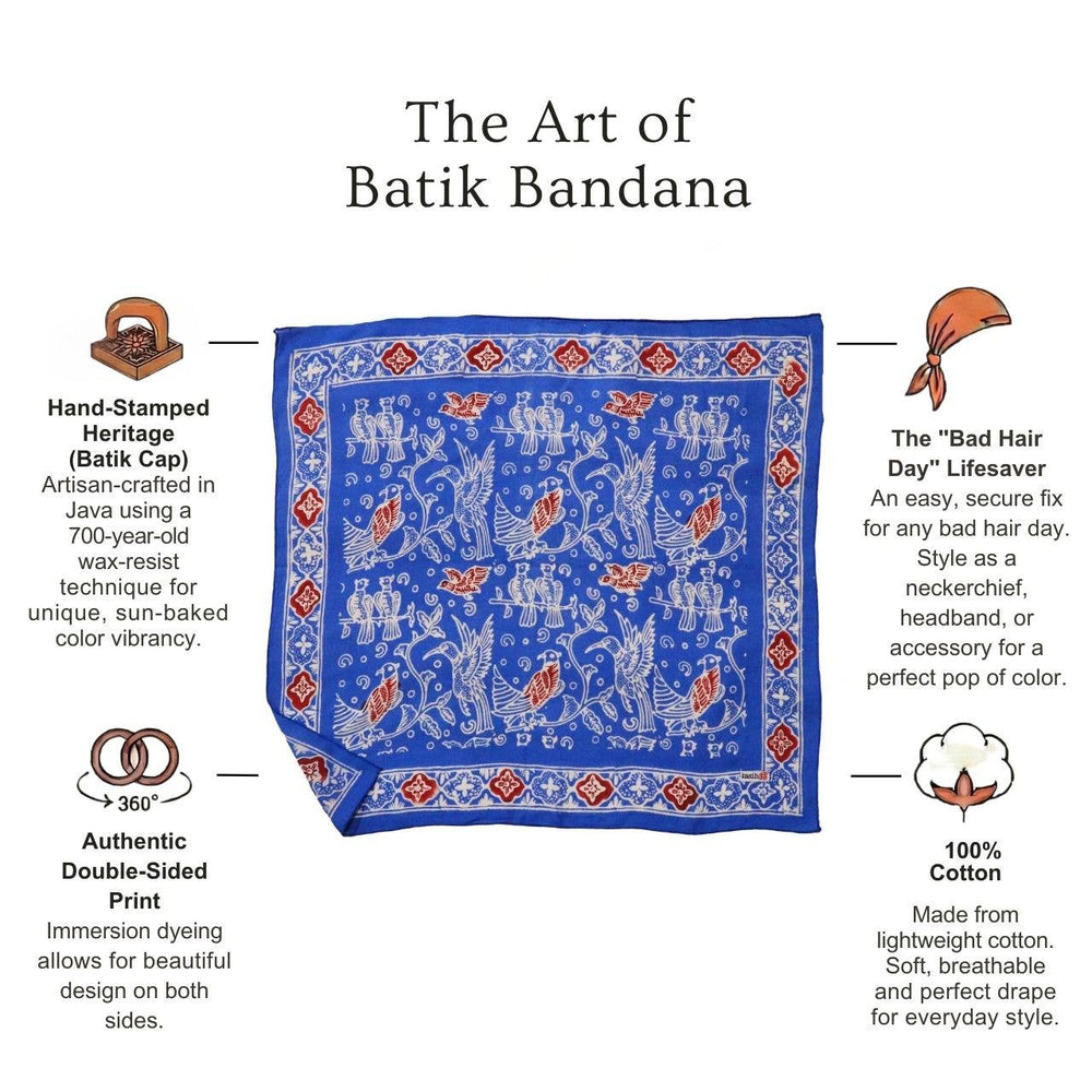 Indonesian Batik Bandana, Hand-Dyed Soft Cotton Accessory, Bird Song, Blue, Red - Meadow Collectivebandana