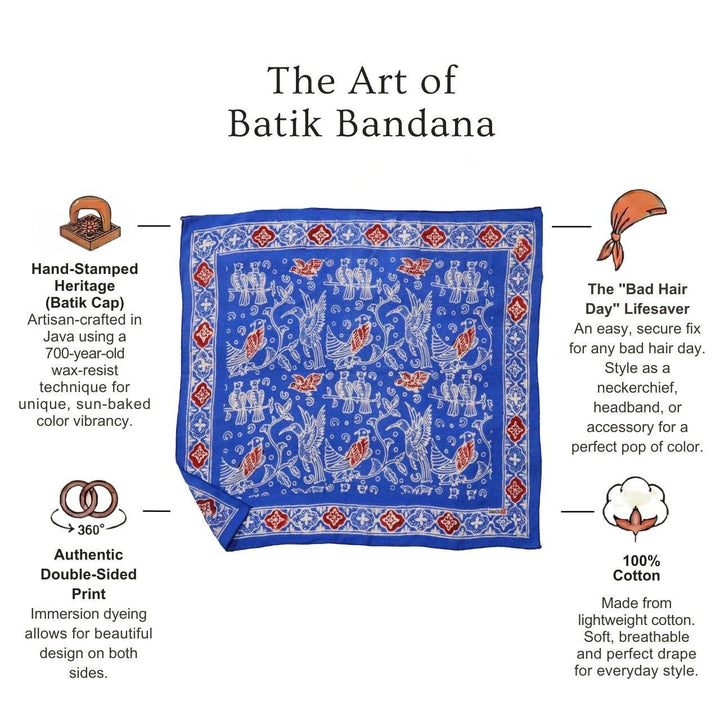 Indonesian Batik Bandana, Hand-Dyed Soft Cotton Accessory, Bird Song, Blue, Red - Meadow Collectivebandana