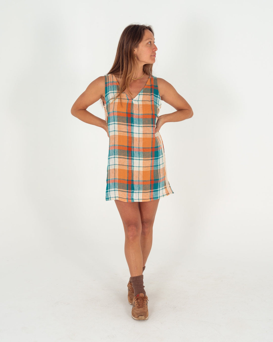 Karina V Neck Mini Dress in Citrus/Teal Check