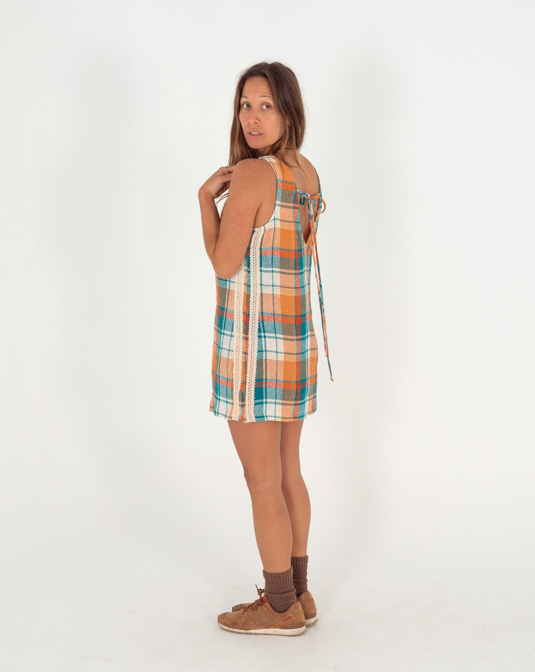 Karina V Neck Mini Dress in Citrus/Teal Check
