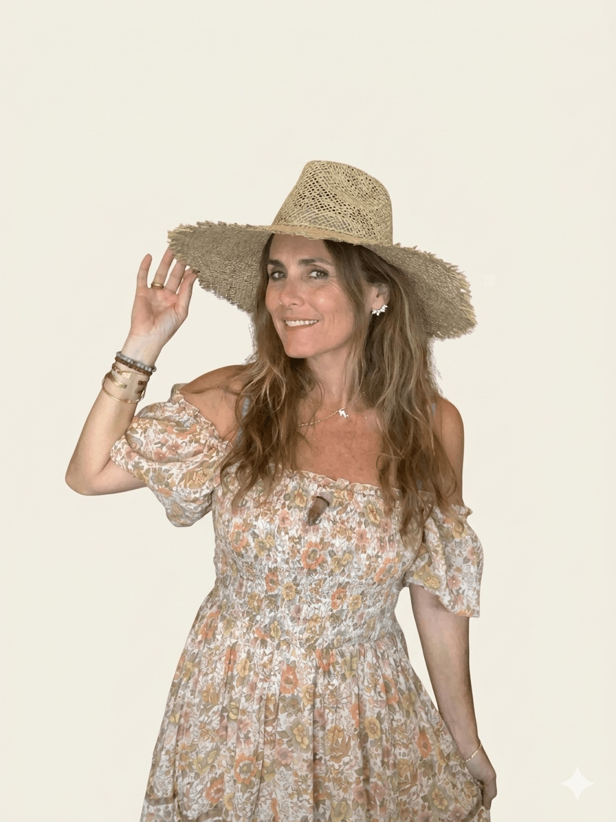 Woman wearing a floral dress and straw hat on a plain background