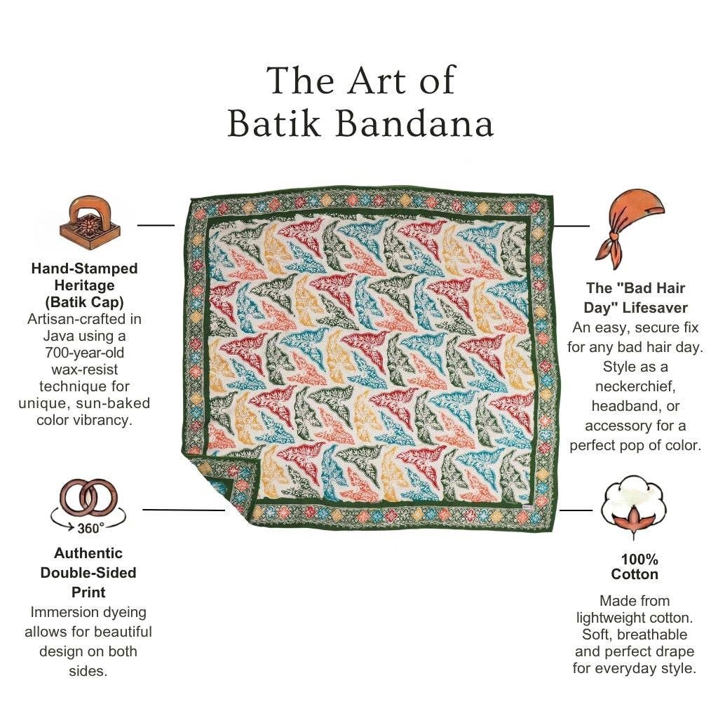 Large 39" Hand Dyed Batik Bandana, 100% Soft Cotton, Tropical Trapestry - Meadow Collectivebandana