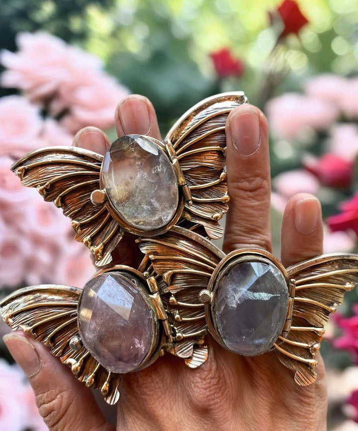 Large Brass Butterfly Ring - Amethyst Quartz + Fluorite Quartz - Meadow Collectivering