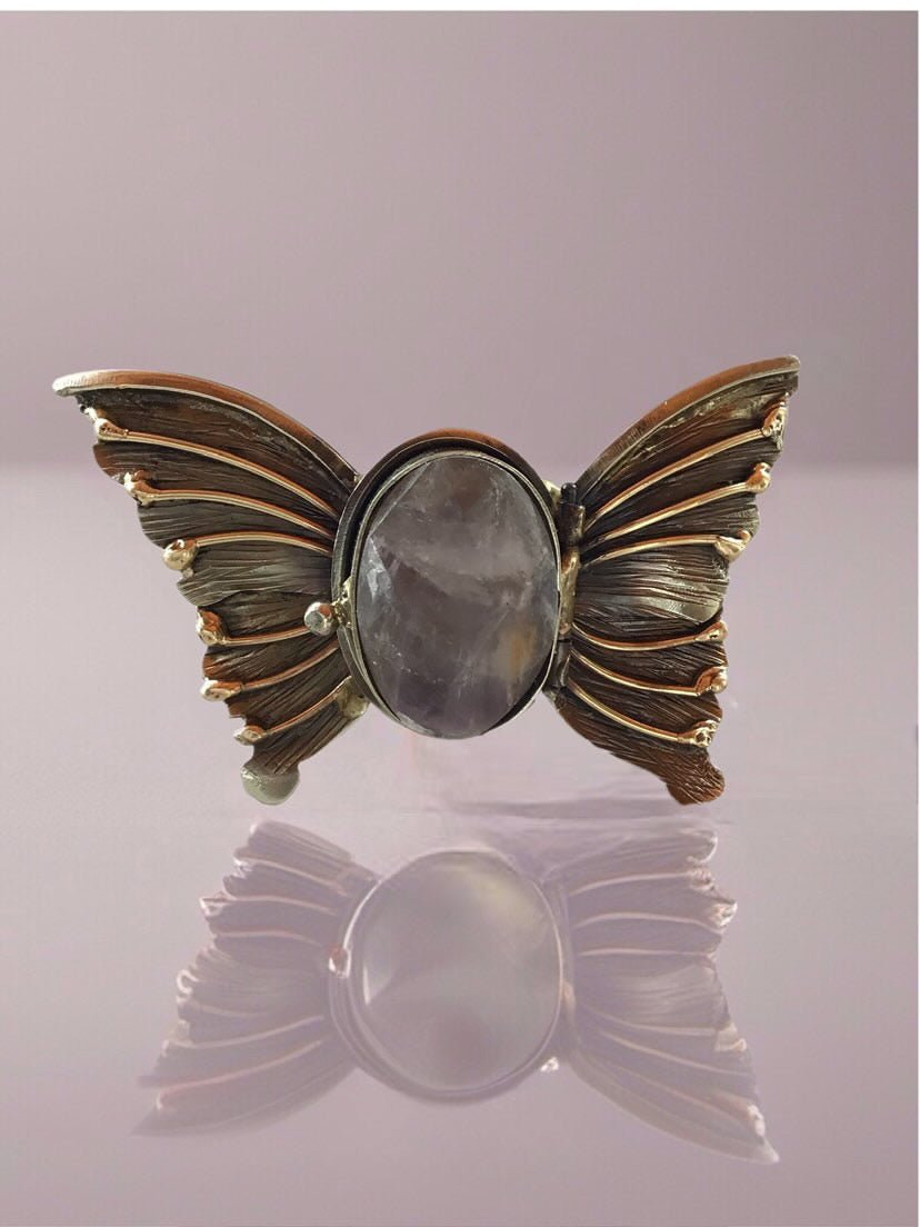Large Brass Butterfly Ring - Amethyst Quartz + Fluorite Quartz - Meadow Collectivering