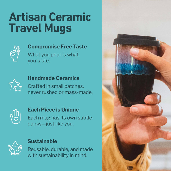 Artisan ceramic travel mug with text highlighting features on a teal background