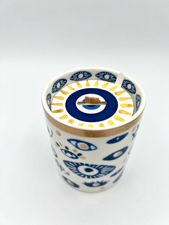 NEW! Beautiful Gold, Blue & White Ceramic "Evil Eye" Candle - Meadow Collectivecandle