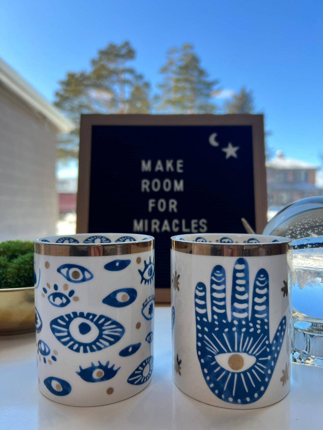 NEW! Beautiful Gold, Blue & White Ceramic "Evil Eye" Candle - Meadow Collectivecandle