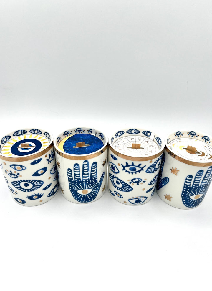 NEW! Beautiful Gold, Blue & White Ceramic "Evil Eye" Candle - Meadow Collectivecandle