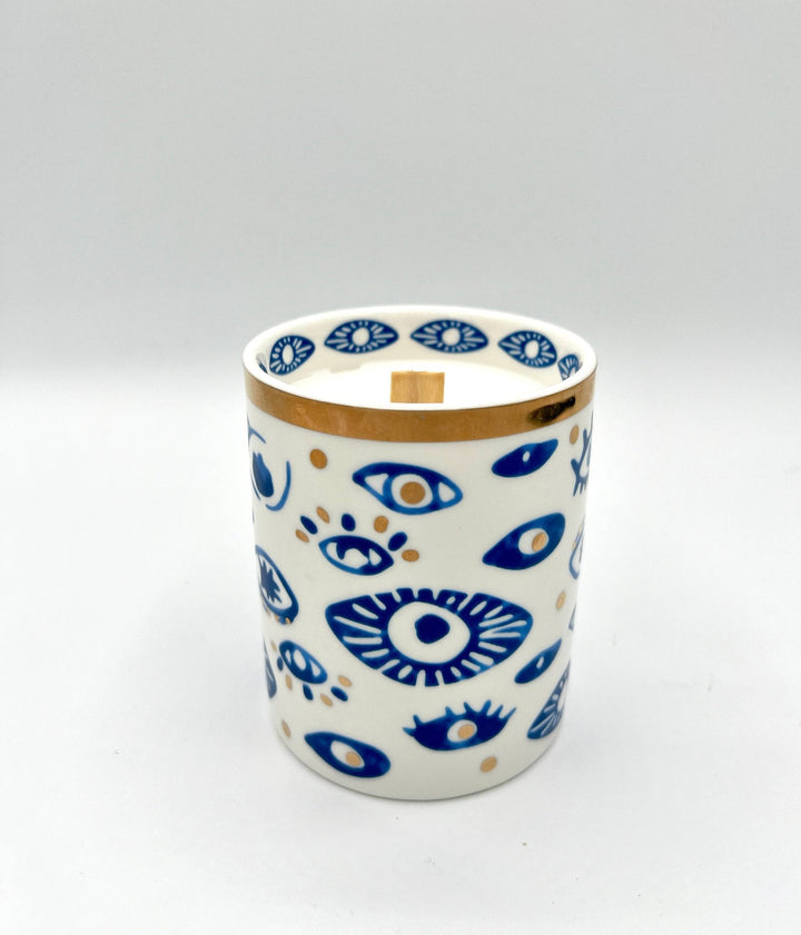 NEW! Beautiful Gold, Blue & White Ceramic "Evil Eye" Candle - Meadow Collectivecandle