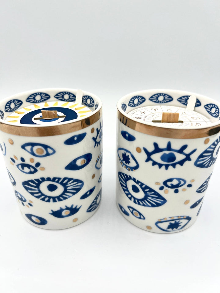 NEW! Beautiful Gold, Blue & White Ceramic "Evil Eye" Candle - Meadow Collectivecandle
