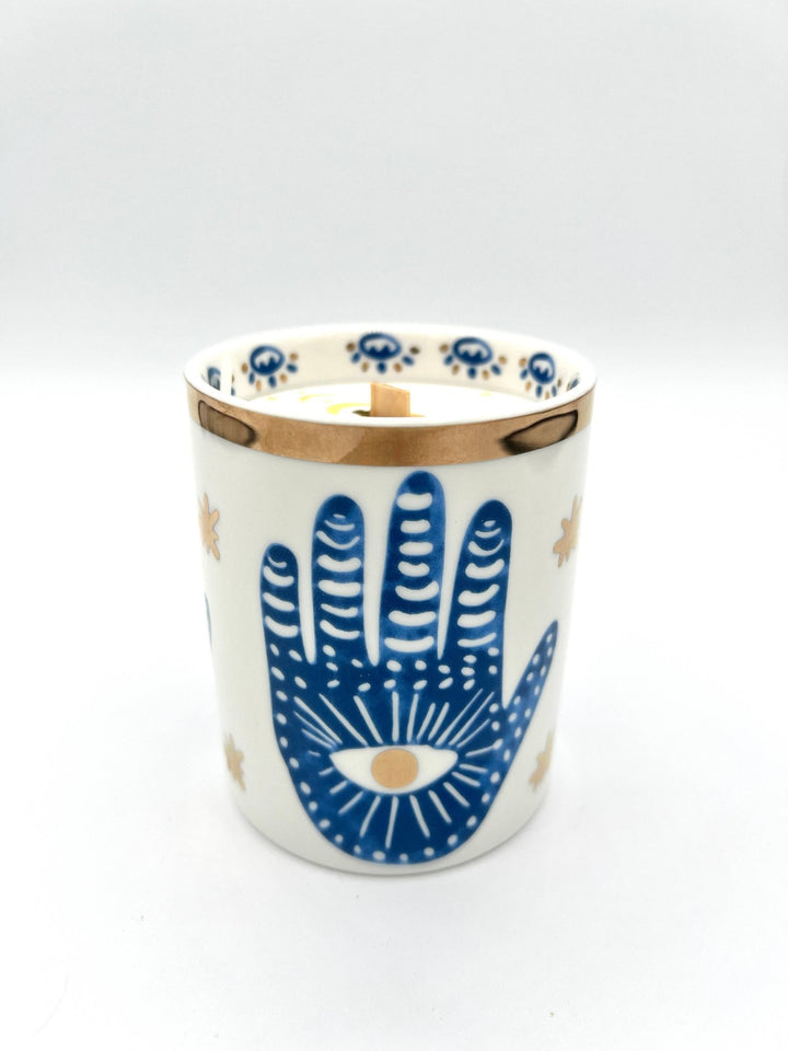 NEW! Beautiful Gold & Blue White Ceramic Hamsa Candle - Meadow Collectivecandle
